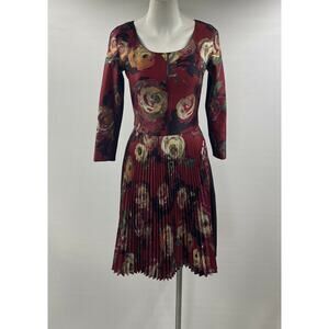 Sfizio Dress Burgundy Floral Pleated Sequin Long Sleeves Made in Italy  Sz 0